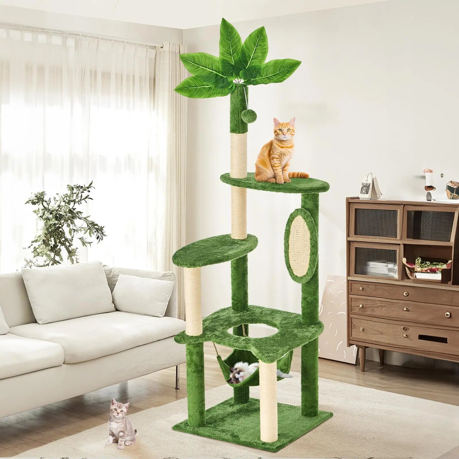 Wecharmer Cat Tree / Tower for Indoor with Green Leaves, Cat Condo Cozy Plush House with Hang Ball, Pet Furniture with Scratching Posts Cat Tree